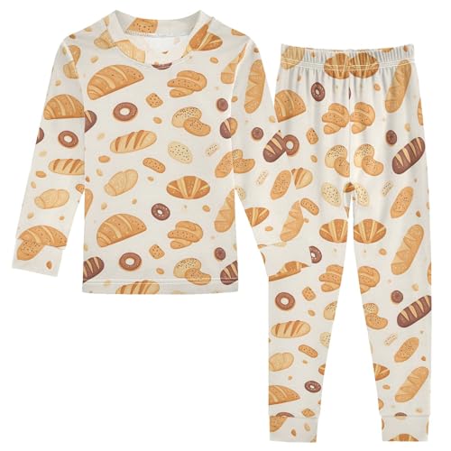 Cute Bread Pattern Cute Pajama Sets Long Sleeve Top and Pants, Snug Fit Sleepwear for Night Wears