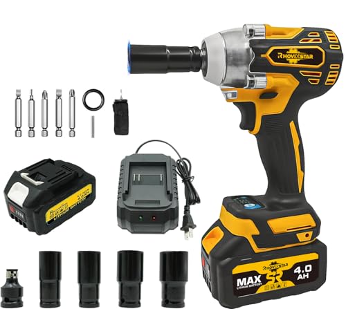 Rhovixster 1/2 Impact Gun, Cordless Impact Wrench Set, 1/2 Torque Impact, Brushless Motor High Torque Impact Guns with Battery and Charger