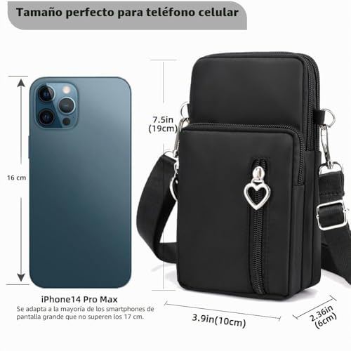 Miniatura 3 de Janks Bolso Bandolera Pequeño Para Mujer, Nailon Bolso De Teléfono Móvil Con Puerto Para Auriculares, Correa Ajustable, Compatible Con Móviles Hasta 7