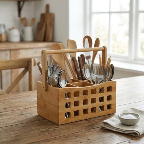 Bıçak; 4 Bölmeli Saplı Doğal Bambu Çatal Sepeti, Çok Amaçlı Masaüstü Organizer Mutfak Düzenleyici ve Kalemlik Standı (23x15 cm)