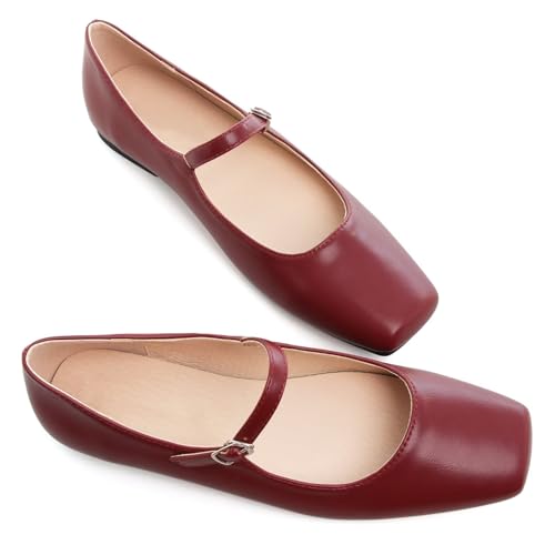 TN TANGNEST Leather Flats for Women Comfortable Square Toe Slip On Flats Soft Work Flats Retro Mary Jane Flats Wine red 41(9) 2