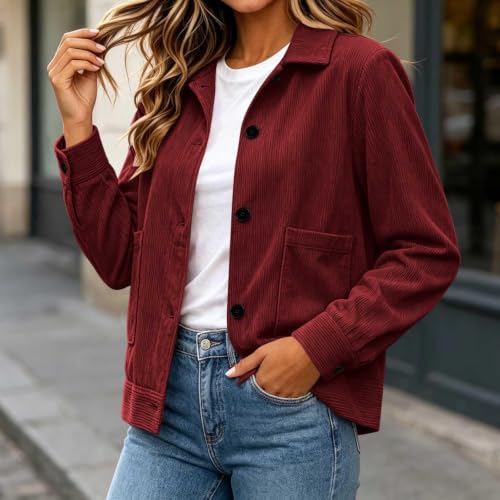 Womens Corduroy Jacket Button Up Casual Collared Shirt Crop Cardigans - image 3