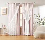 Pink Blackout Curtains with Sheer Overlay for Bedroom, Mix & Match Double Layer Pom Pom Curtains for Girl Nursery, Living Room, Rod Pocket Thermal Insulated Window Panels with Tiebacks 52W X 84L, 2pcs