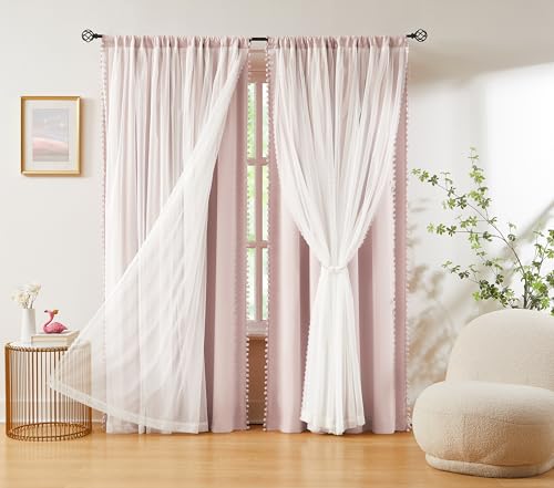 Image of Pink Blackout Curtains with Sheer Overlay for Bedroom, Mix & Match Double Layer Pom Pom Curtains for Girl Nursery, Living Room, Rod Pocket Thermal Insulated Window Panels with Tiebacks 52W X 84L, 2pcs