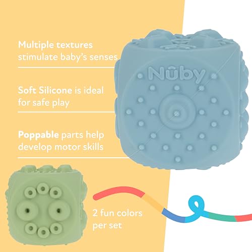 Image of Nuby Silicone Block Poppers - (2-Pack) Interactive Baby Block Toy for Babies 10+ Months - Blue and Green