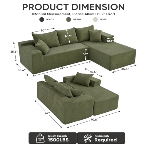 Image of Boneless Couch, 102.4 inch Sectional Couches for Living Room with L Shape Sofa | Cloud Couch Sectional with Chaise, Modular Cloud Sofa with Deep Seat, No Assembly, Green, Corduroy, Right Chaise