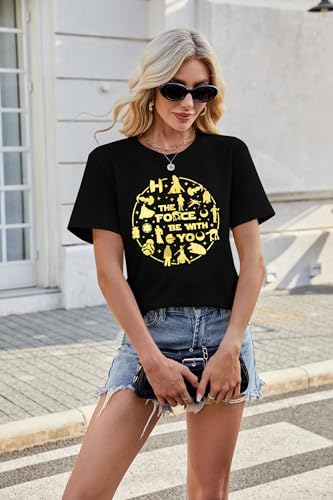 Image of FRYAID Women May The Power Be with You Graphic T Shirt Short Sleeve Casual Tops Summer Fun Vacation Shirt Soft Casual Fit