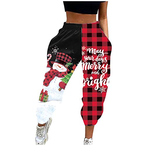 Jogginghose Damen Weihnachten Sporthose Freizeithose High Waist Sports Pants Trainingshose mit Taschen Elastisch Bund Sweathose Schneemann