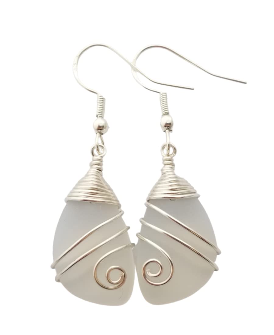 Yinahawaii Handmade Sea Glass Earrings, Hawaiian Jewelry, Top Wire Wrapped Earrings, Unique Handmade Earrings, Sea Glass Jewelry For Women Birthday Gift For Women (Moonstone - June)