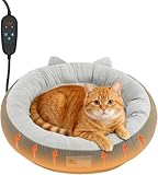 Heated Cat Bed Indoor Pets – Adjustable Temperature 86-131℉ Cat Heating Pad with Timer, Chew Resistant 87 Inch Cord, Washable Cover, Round Cozy Donut Pet Bed for Small Cats Kittens Dogs