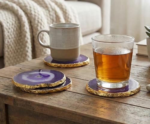 eSplanade Lot de 4 dessous de verre en agate naturelle pour bar, bière, café, thé - Accessoires de table parfaits - Violet – Image 3