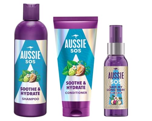 Aussie SOS Soothe & Hydrate Bundle contains Shampoo 300ml, Conditioner 200ml & Aussie SOS Save My Lengths 3 in 1 Hair Oil 100ml, Leaving It Soft, Smooth & Shiny Hair
