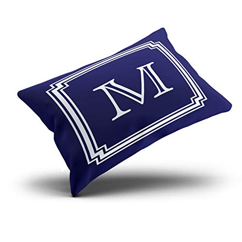 Onging Decorative Pillowcases White Notched Corner Frame Navy Blue Background Monogram Customizable Cushion Rectangle Lumbar Size 12X24 Inch Throw Pillow Case Hidden Zipper One Side Design Printed #TOP2