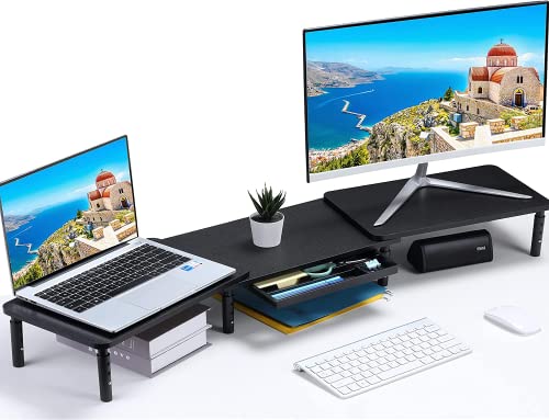 ETHU Dual Monitor Stand Double Monitor Riser for PC Computer Laptop and Printer 3 Adjustable Shelf Length and Angle Desk Stand Organizer with Phone Holder and Drawer Office Accessories. (Black)