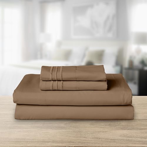 Image of Elegant Comfort Luxurious 1500 Premium Hotel Quality Microfiber Three Line Embroidered Softest 4-Piece Bed Sheet Set, Wrinkle and Fade Resistant, Queen, Taupe