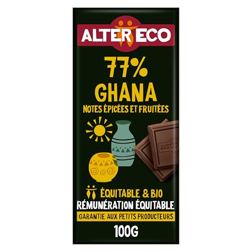 ALTER ECO - Tablette Chocolat Noir 77% - Notes Intenses Et Fruitées - Bio & Équitable - Sans Lécithine - Origine Ghana - 100 g