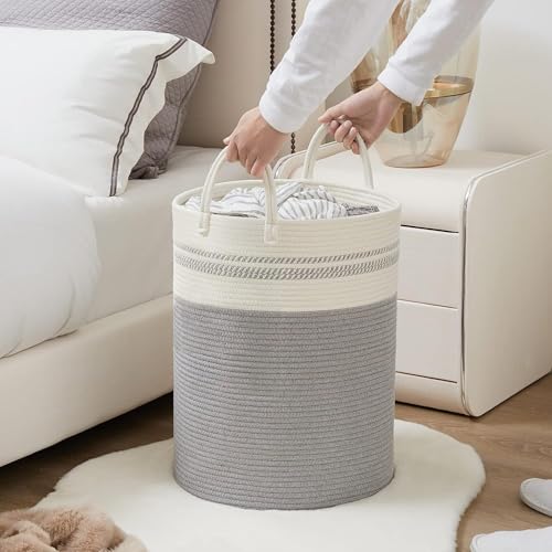 Image of Laundry Basket for Clothes | Cotton Rope Laundry Hamper with Handles | Foldable Woven Storage Basket for Bedroom & Living Room | Clothes, Toys & Blanket Organizer | 38 x 38 x 46 cm