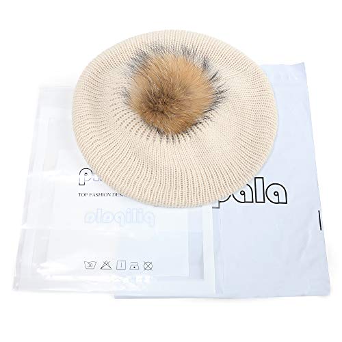 Pilipala Women's Knit Beret Hat With Fur Pom French Beret Bennie Fashion Skull Cap Winter(Beige-R) #TOP6