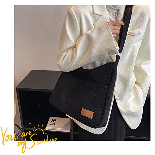 Casual Tote Bag Women Large Corduroy Crossbody Bag Girls School Shoulder Tote Fashion Handbag Hobo Bag Purse, Black #TOP7