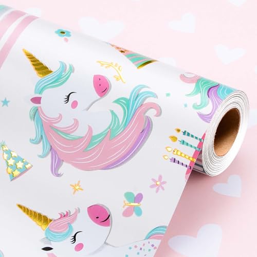 Wikadlik Einhorn Geburtstag Geschenkpapierrolle - Kuchen Rosa Herz Design Geschenkpapier für Kindergeburtstag, Valentinstag, Muttertag, Hochzeit, Abschlussfeier - 43 cm x 10 m