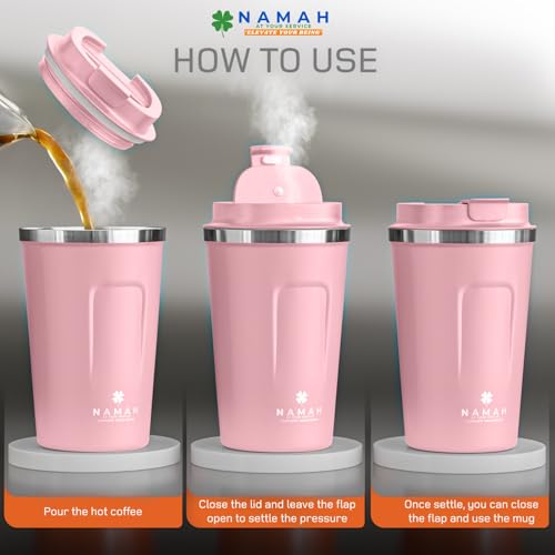 Image of Namah Insulated Coffee Travel Mug 380 ml with Lid, Leak Proof Stainless Steel Thermosteel Vacuum Insulated Mug, Hot & Cold Reusable Coffee Mug for Office, Car Cup Holder Friendly