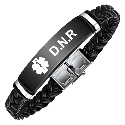 Pmormyy Medical Alert Bracelet for Men Leather Medical Alert ID Wristband for D.N.R Black