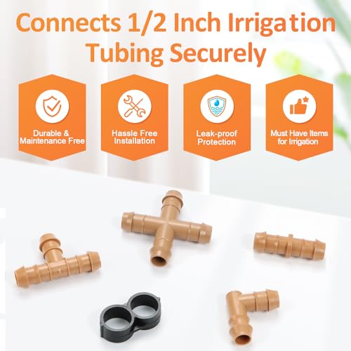 Copadri 1/2 Inch Drip Irrigation Fittings, 34 Pieces Kit 1/2 Inch Tubing Connectors Includes Couplings Tees Elbows Crosses Plugs Drip Line Quick Connect Barbed Connectors for Drip Systems