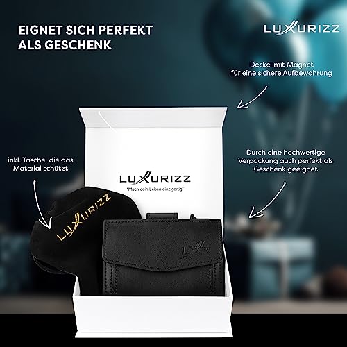 Luxurizz Luxurizz Smart Wallet aus echtem Leder schwarz - Slim Wallet mit Münzfach & RFID-Schutz - praktisches Kartenetui mit Slider - Geldbörse Herren & Damen in kompakter Größe für 10 Karten - Designansicht 6 | TV | Video | Foto