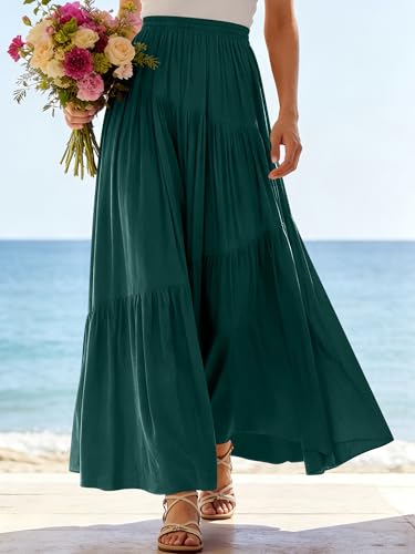 Image of ANRABESS Women's Boho Elastic High Waist Pleated A-Line Flowy Swing Asymmetric Tiered Maxi Long Skirt Dress with Pockets