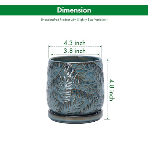 D'vine Dev 4 Inch Embossed Leaves Stoneware Planter Pot with Drainage Hole and Saucer, Ocean Teal, 27-A-Z-8 by D'vine Dev - Image 3