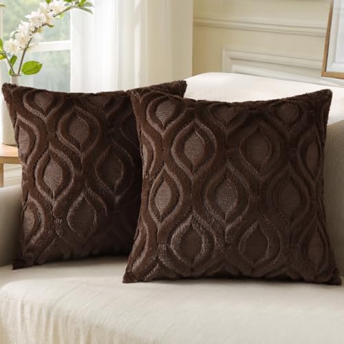 decorUhome Throw Pillow Covers 20x20 Inch Set of 2, Soft Plush Decorative Faux Fur Dark Brown Solid Couch Pillow Covers, Accent Farmhouse Neutral Square Euro Pillow Cases for Sofa Bed Living Room