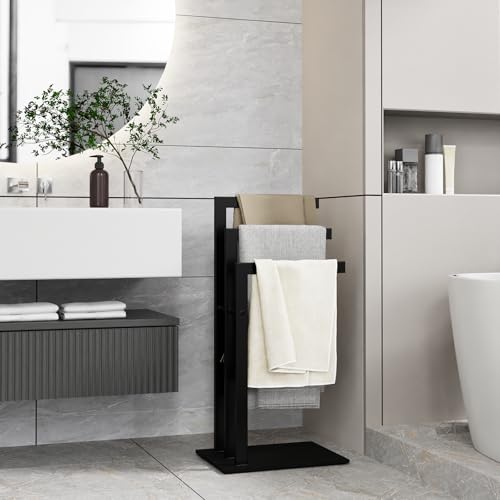 OUTBROS Handtuchständer Freistehend, Badetuchhalter Stehend Edelstahl mit 3 Stangen Rohren aus Stahl, Kleiderablage für Badetücher, Kleidung, 40x30x80cm, Schwarz