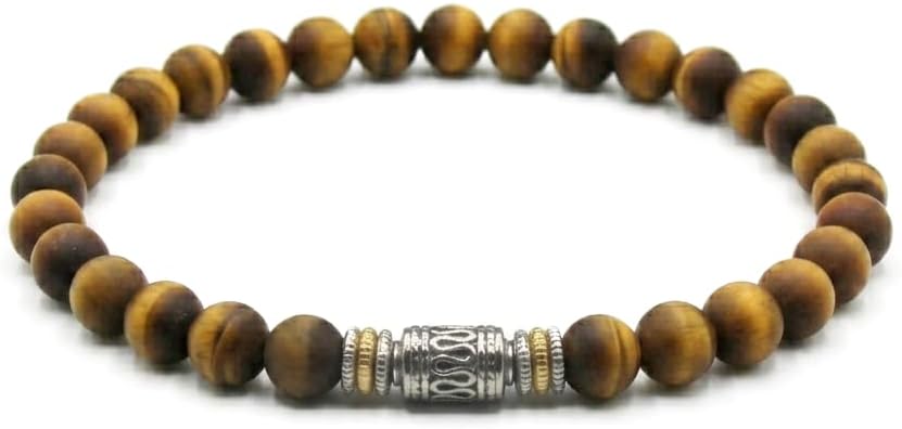 Kartini Studio Tiger's Eye Bracelet, Men's Brushed Tiger's Eye and Stainless Steel Bracelet, Bead Jewelry for Man