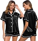 SWOMOG Damen Satin Pyjama Set Kurz Schlafanzüge Top und Short Hose Zweiteilig Sleepwear Sexy V Ausschnitt Button Down PJs Sets Schwarz