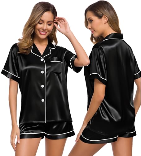SWOMOG Womens Silk Satin Pajamas Set Two-Piece Pj Sets Sleepwear Loungewear Button-Down Pj Sets Black