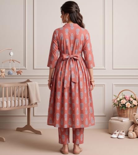 Image of DUMMY SHAPE Maternity Dresses for Women Cotton | Floral Kurta Pant Dupatta Set with Nursing Zippers, Side Pocket | Pre & Post Pregnancy | Feeding Kurti Suit | Baby Shower | Gifts for Pregnant Woman