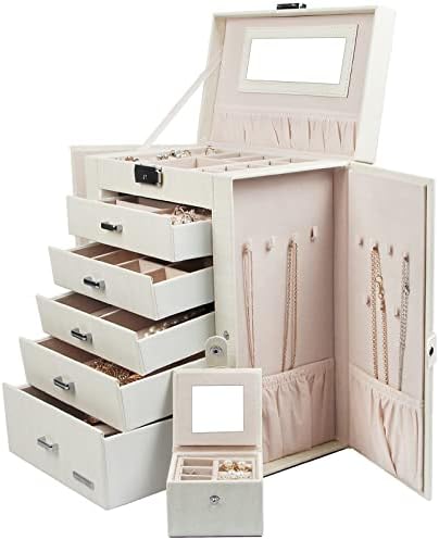 Homde 2 in 1 Huge Jewelry Box/Organizer/Case Faux Leather with Small Travel Case, Gift for Girls or Women (White Wood Grain)