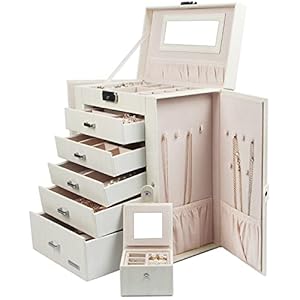 Homde 2 in 1 Huge Jewelry Box/Organizer/Case Faux Leather with Small Travel Case, Gift for Girls or Women (White Wood Grain)