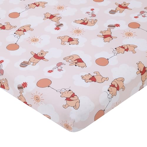 Image of Disney Winnie The Pooh Tan, Red, and White Piglet, Balloons, and Hunny Pots Super Soft Nursery Fitted Mini Crib Sheet