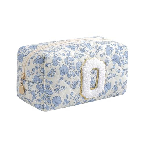 Gleyemor Personalized Initial Makeup Bag for Women, Cute Quilted Blue Floral Cotton Cosmetic Bag, Christmas Gifts for Her Mom Friend Sister Bridesmaid Teacher Women O