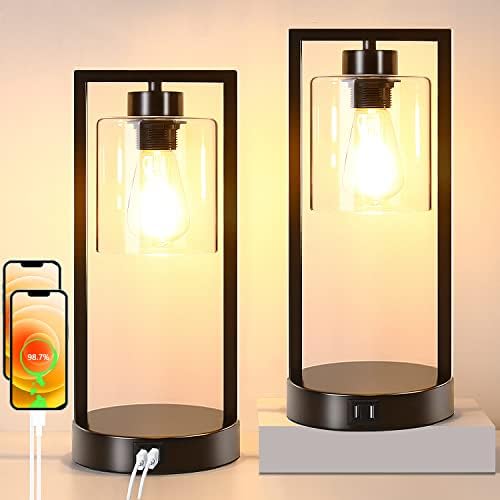 Industrial Table Lamps Set of 2, Touch Control Lamps with 2 USB Ports, 3-Way Dimmable Bedside Nightstand Lamps w/ Metal& Glass,Black Desk Lamps for Bedroom Living Room Office, Vintage Bulbs Included