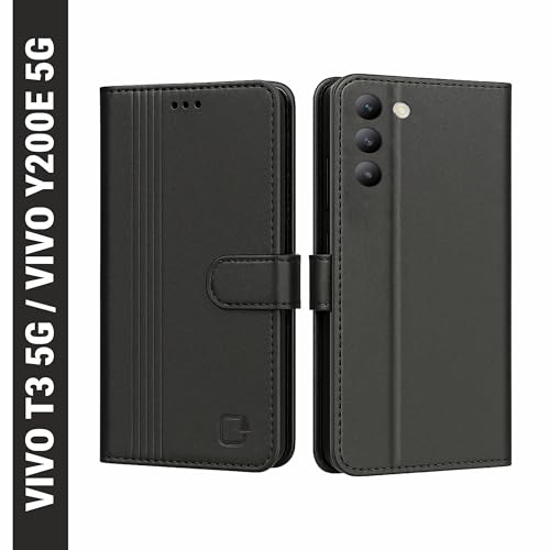 Image of AIBEX Shock Proof Flip Compatible for Vivo Y200e 5G / Vivo T3 5G Flip Cover Leather Finish | Inside TPU with Card Pockets | Wallet Stand | Complete Protection Flip Case - Black