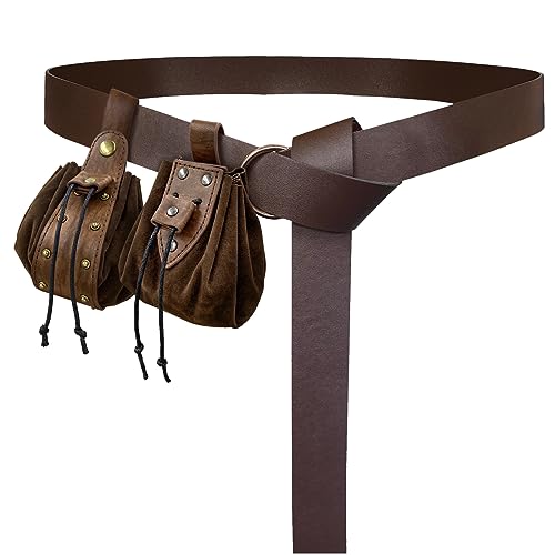 HiiFeuer Medieval O Ring Belt with Vintage Drawstring Pouch and Rivets Belt Bag, Retro Renaissance Faux Leather Coin Purse Set for Ren Faire (Brown D)