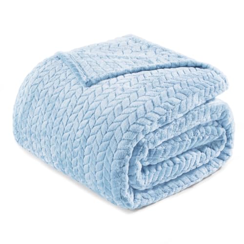 Image of Exclusivo Mezcla Light Blue Fleece King Size Blanket for Bed, 90x104 Inches Soft Cozy 3D Decorative Jacquard Flannel Blankets, Lightweight Fuzzy Plush Warm Blankets for All Seasons