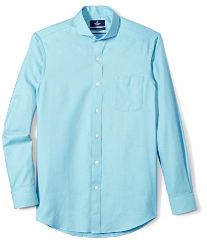 BUTTONED DOWN Men's Classic Fit Supima Cotton Cutaway-Collar Pattern Dress Casual Shirt, Aqua/Blue Small Check, 17-17.5