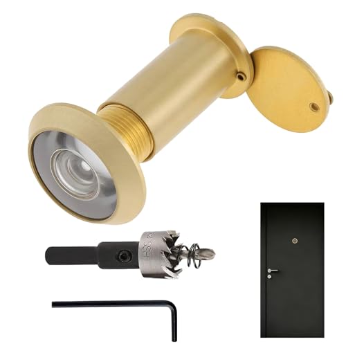Judas de Porte à 200 Degrés en Verre HD, Oeil de Boeuf Doré pour Portes de 35 à 55 mm, Foret de 16 mm Inclus, Couvercle Anti-Piétinement, Sécurité et...