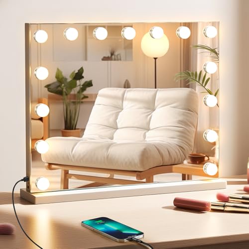 FIBRAVE Hollywood Vanity Mirror with Lights, 23"x18"58×48cm Lighted Makeup Mirror for Desk/Wall Mount with 15 Led Bulbs, 3 Lighting Modes for College Dorm, Bedroom & Dressing Room (Squarewhite)