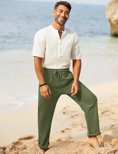 Image of iWoo Linen Pants Men Casual 2025 Summer Beach Elastic Drawstring Waist Yoga Pants Travel Baggy Work Pant Pajama