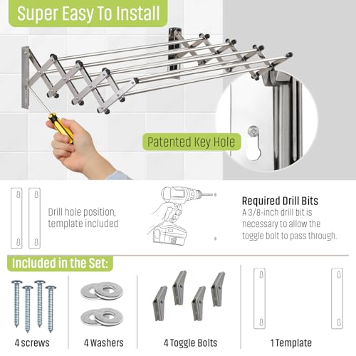 Image of Smartsome Wall Mounted Clothes Drying Rack | Adjustable to Fit Your Space | 20 Linear Feet Drying Capacity | 8 Stainless Steel Rods | 60 lb Capacity | Fully Assembled | Compact Space-Saving Design