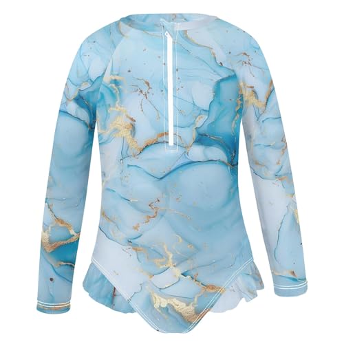 ALAZA Toddler Swimsuit Girl Bathing Suit Swimwear Rash Guard Blue Marble Long Sleeve 3T2